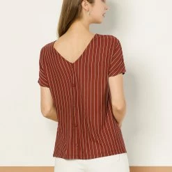 Allegra K Women's Vertical Stripes V Back Decor Button Short Sleeve Tee Tops