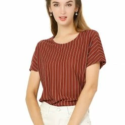 Allegra K Women's Vertical Stripes V Back Decor Button Short Sleeve Tee Tops