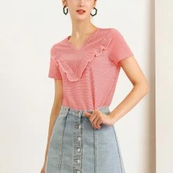 Allegra K Women's Ruffle V Neck Casual T-shirt Striped Short Sleeve Tops