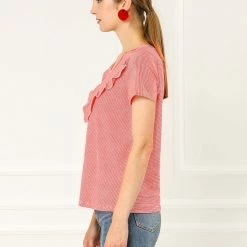 Allegra K Women's Ruffle V Neck Casual T-shirt Striped Short Sleeve Tops