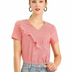 Allegra K Women's Ruffle V Neck Casual T-shirt Striped Short Sleeve Tops