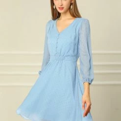 Allegra K Women's Elastic Waist Flowy Dress V Neck 3/4 Sleeve A-line Chiffon Dresses