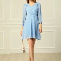 Allegra K Women's Elastic Waist Flowy Dress V Neck 3/4 Sleeve A-line Chiffon Dresses