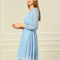 Allegra K Women's Elastic Waist Flowy Dress V Neck 3/4 Sleeve A-line Chiffon Dresses