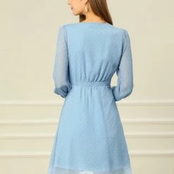 Allegra K Women's Elastic Waist Flowy Dress V Neck 3/4 Sleeve A-line Chiffon Dresses