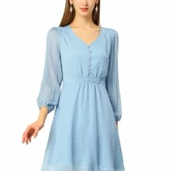 Allegra K Women's Elastic Waist Flowy Dress V Neck 3/4 Sleeve A-line Chiffon Dresses
