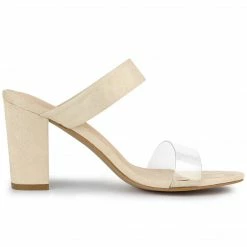 Allegra K Women's Dual Clear Strap Block Heels Slides Sandals