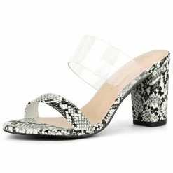 Allegra K Shoes Women's Snake Print Clear Strap Block Heels Sandals