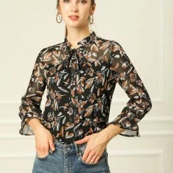 Allegra K Long Sleeve Tie Neck Ruffle Collar Floral Print Top