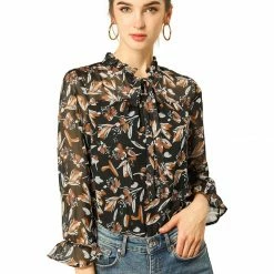 Allegra K Long Sleeve Tie Neck Ruffle Collar Floral Print Top