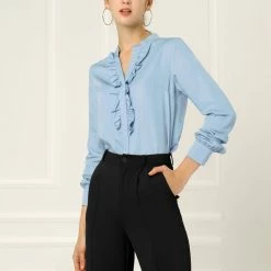 Women Allegra K Ruffle Front V Neck Button Up Long Sleeves Casual Chambray Tops Shirt 29 Women Allegra K Ruffle Front V Neck Button Up Long Sleeves Casual Chambray Tops Shirt