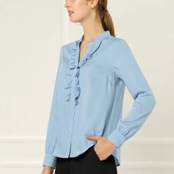 Women Allegra K Ruffle Front V Neck Button Up Long Sleeves Casual Chambray Tops Shirt 31 Women Allegra K Ruffle Front V Neck Button Up Long Sleeves Casual Chambray Tops Shirt