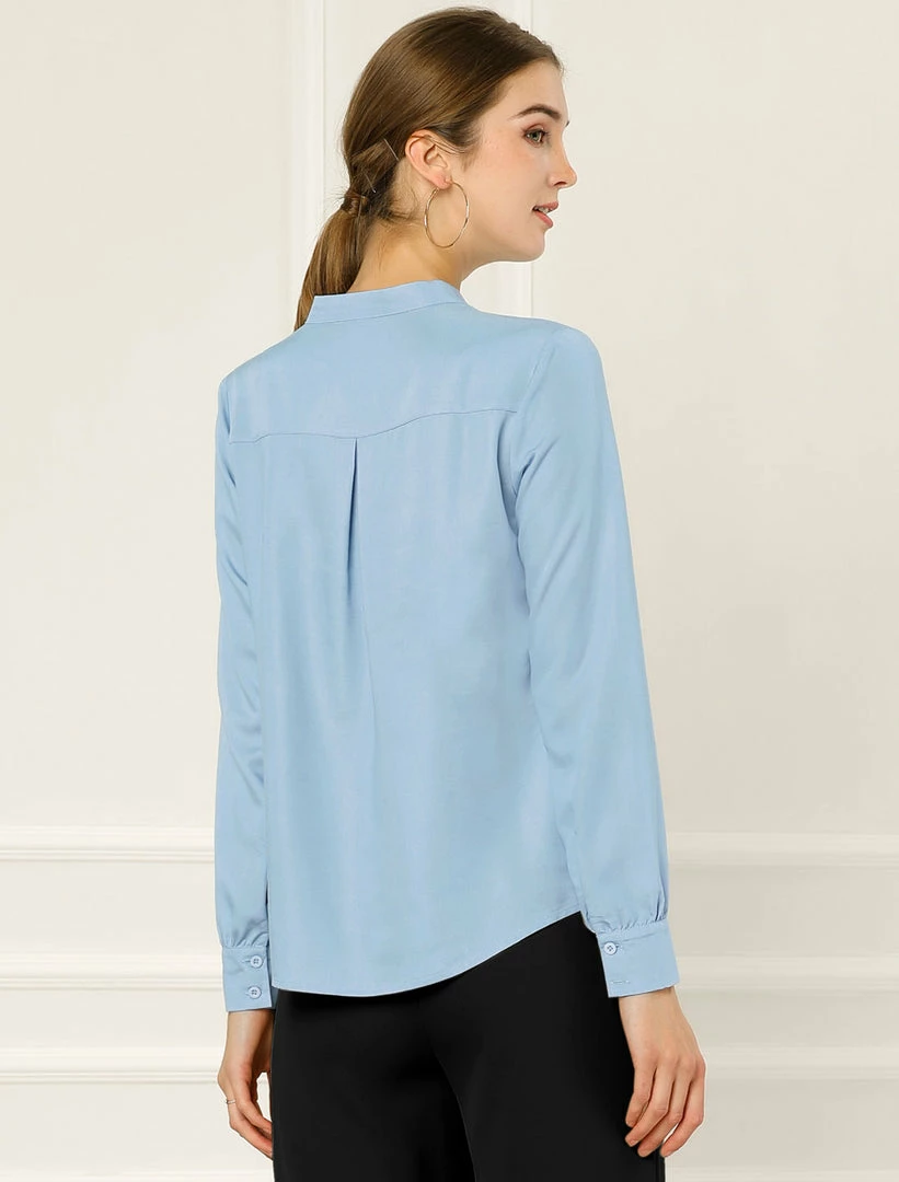 Women Allegra K Ruffle Front V Neck Button Up Long Sleeves Casual Chambray Tops Shirt 14 Women Allegra K Ruffle Front V Neck Button Up Long Sleeves Casual Chambray Tops Shirt