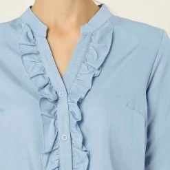 Women Allegra K Ruffle Front V Neck Button Up Long Sleeves Casual Chambray Tops Shirt 33 Women Allegra K Ruffle Front V Neck Button Up Long Sleeves Casual Chambray Tops Shirt