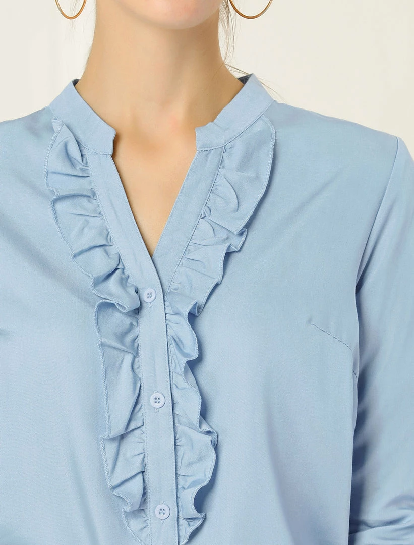 Women Allegra K Ruffle Front V Neck Button Up Long Sleeves Casual Chambray Tops Shirt 15 Women Allegra K Ruffle Front V Neck Button Up Long Sleeves Casual Chambray Tops Shirt