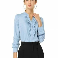 Women Allegra K Ruffle Front V Neck Button Up Long Sleeves Casual Chambray Tops Shirt 28 Women Allegra K Ruffle Front V Neck Button Up Long Sleeves Casual Chambray Tops Shirt