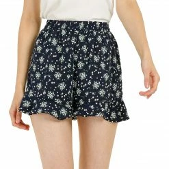 Allegra K Women's Floral Printed Ruffled Elastic Waist Casual Summer Beach Shorts