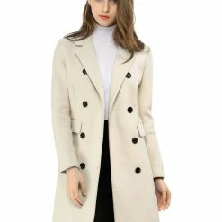 Women Allegra K Double Breasted Notched Lapel Coat With Side Flap Pockets