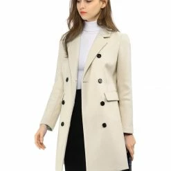 Women Allegra K Double Breasted Notched Lapel Coat With Side Flap Pockets