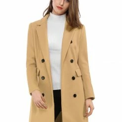 Women Allegra K Double Breasted Notched Lapel Coat With Side Flap Pockets