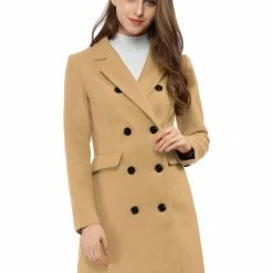 Women Allegra K Double Breasted Notched Lapel Coat With Side Flap Pockets