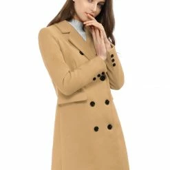 Women Allegra K Double Breasted Notched Lapel Coat With Side Flap Pockets
