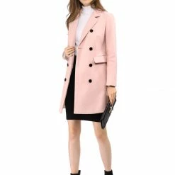 Women Allegra K Double Breasted Notched Lapel Coat With Side Flap Pockets
