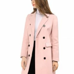 Women Allegra K Double Breasted Notched Lapel Coat With Side Flap Pockets