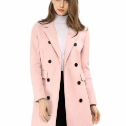 Women Allegra K Double Breasted Notched Lapel Coat With Side Flap Pockets