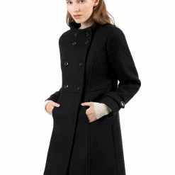 Allegra K Women's Double Breasted Stand Collar Coat With Slant Pockets
