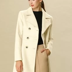 Allegra K Double Breasted Notched Lapel Mid-Length Coat