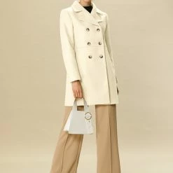 Allegra K Double Breasted Notched Lapel Mid-Length Coat