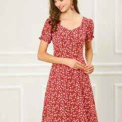 Allegra K Women's Short Sleeve Summer Casual Smock Ruffle Cherry Print A-Line Dress