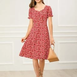 Allegra K Women's Short Sleeve Summer Casual Smock Ruffle Cherry Print A-Line Dress