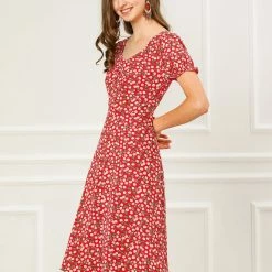 Allegra K Women's Short Sleeve Summer Casual Smock Ruffle Cherry Print A-Line Dress