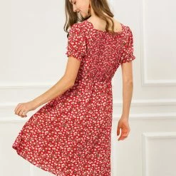 Allegra K Women's Short Sleeve Summer Casual Smock Ruffle Cherry Print A-Line Dress