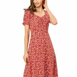 Allegra K Women's Short Sleeve Summer Casual Smock Ruffle Cherry Print A-Line Dress