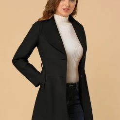 Allegra K Women's Casual Cute Turn Down Collar Slim Single Breasted Belted Coat