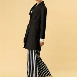 Allegra K Women's Casual Cute Turn Down Collar Slim Single Breasted Belted Coat