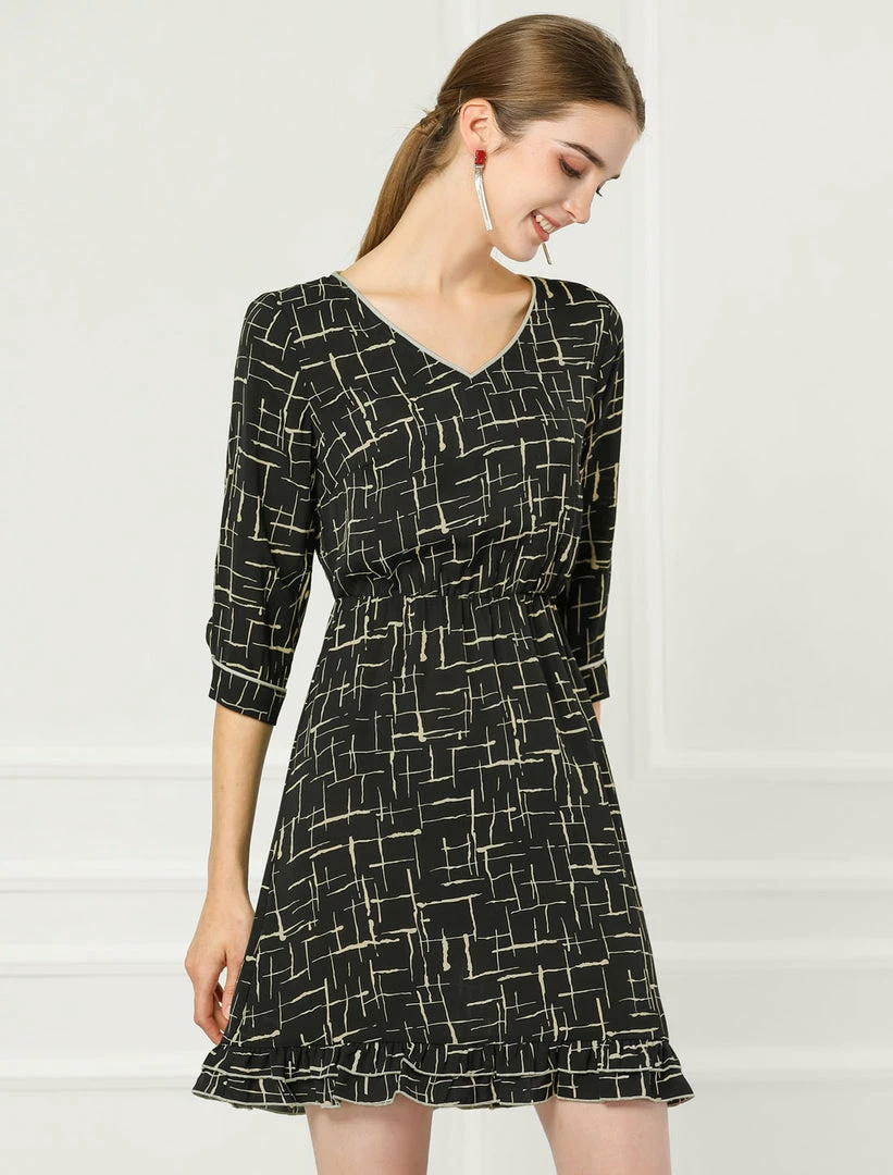 Allegra K Women's Long Sleeve V Neck Ruffle Hem Geometric Motifs Flare Chiffon Dress 5 Allegra K Women's Long Sleeve V Neck Ruffle Hem Geometric Motifs Flare Chiffon Dress