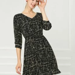 Allegra K Women's Long Sleeve V Neck Ruffle Hem Geometric Motifs Flare Chiffon Dress 24 Allegra K Women's Long Sleeve V Neck Ruffle Hem Geometric Motifs Flare Chiffon Dress