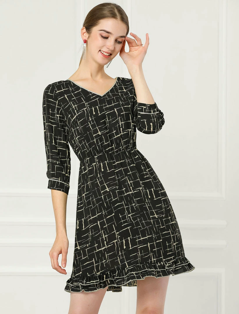 Allegra K Women's Long Sleeve V Neck Ruffle Hem Geometric Motifs Flare Chiffon Dress 6 Allegra K Women's Long Sleeve V Neck Ruffle Hem Geometric Motifs Flare Chiffon Dress