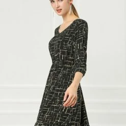 Allegra K Women's Long Sleeve V Neck Ruffle Hem Geometric Motifs Flare Chiffon Dress 25 Allegra K Women's Long Sleeve V Neck Ruffle Hem Geometric Motifs Flare Chiffon Dress