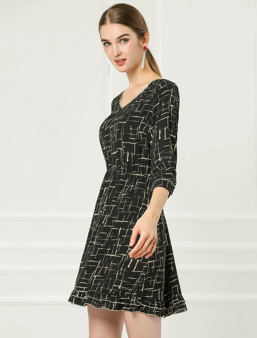 Allegra K Women's Long Sleeve V Neck Ruffle Hem Geometric Motifs Flare Chiffon Dress 7 Allegra K Women's Long Sleeve V Neck Ruffle Hem Geometric Motifs Flare Chiffon Dress