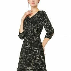 Allegra K Women's Long Sleeve V Neck Ruffle Hem Geometric Motifs Flare Chiffon Dress