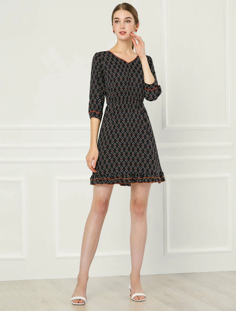 Allegra K Women's Long Sleeve V Neck Ruffle Hem Geometric Motifs Flare Chiffon Dress 11 Allegra K Women's Long Sleeve V Neck Ruffle Hem Geometric Motifs Flare Chiffon Dress