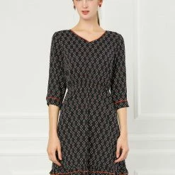 Allegra K Women's Long Sleeve V Neck Ruffle Hem Geometric Motifs Flare Chiffon Dress 30 Allegra K Women's Long Sleeve V Neck Ruffle Hem Geometric Motifs Flare Chiffon Dress