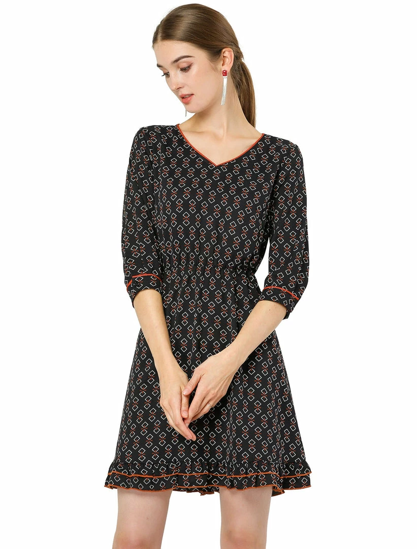 Allegra K Women's Long Sleeve V Neck Ruffle Hem Geometric Motifs Flare Chiffon Dress 10 Allegra K Women's Long Sleeve V Neck Ruffle Hem Geometric Motifs Flare Chiffon Dress