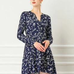 Women Allegra K Floral V Neck Cinched Waist Long Sleeve Dress