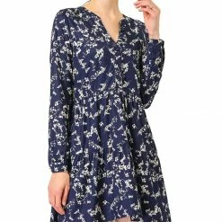 Women Allegra K Floral V Neck Cinched Waist Long Sleeve Dress